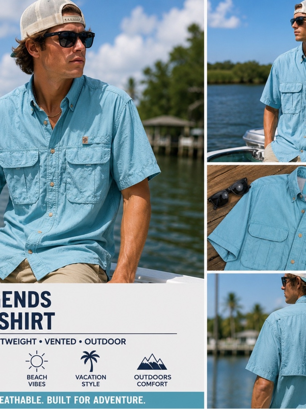 Reel Legends Fishing Shirt Men’s Medium Blue Vented Coastal Outdoor Beach Resort